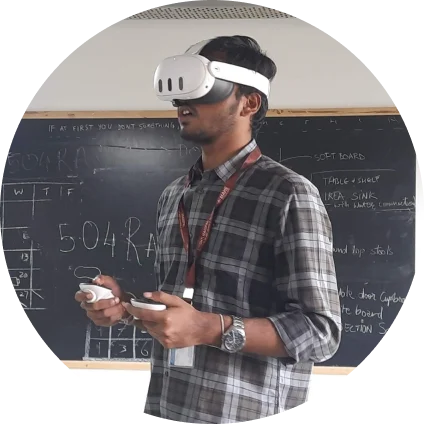 User wearing a headset and trying out a VR Experience in a classroom